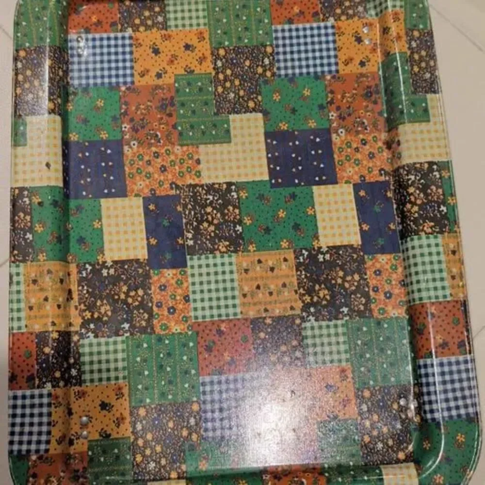 Vtg 1970s Aluminum Patchwork TV Lap Tray Table Metal Folding Legs Gingham Calico
